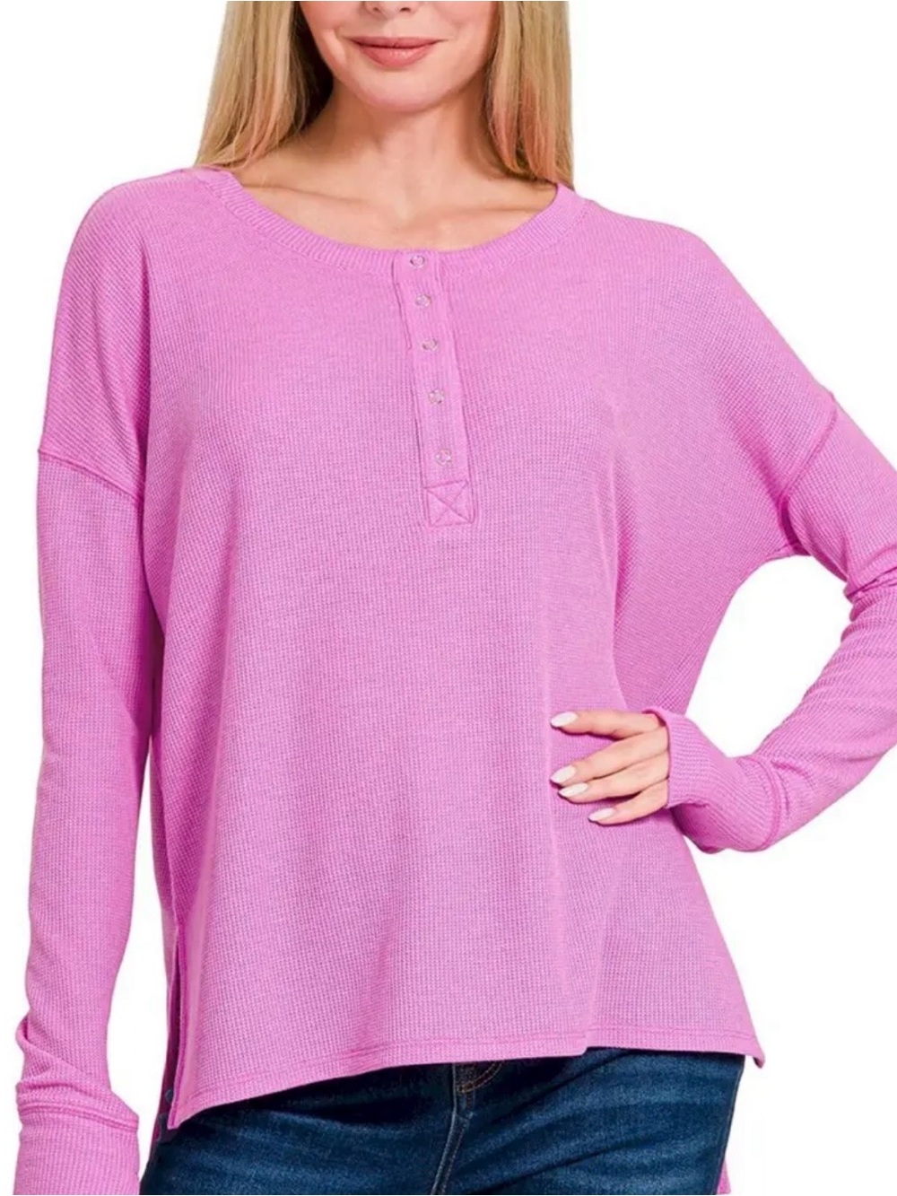 Zenana Women's Pink Waffle Knit Henley Top